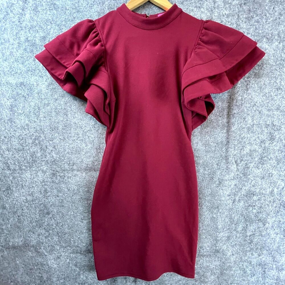 Xtaren Dress Medium Red Stretch Big Ruffle Sleeve Keyhole Back Fitted Modern